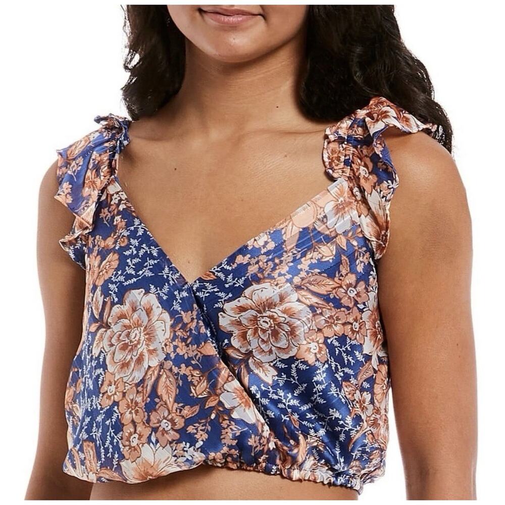 Love & Piece Blue Brown Floral Boho Ruffle Cropped Chiffon Blouse S